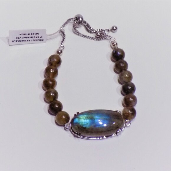 New Labradorite Cabochon Bolo Bead Slide Bracelet Made in India - Picture 7 of 9